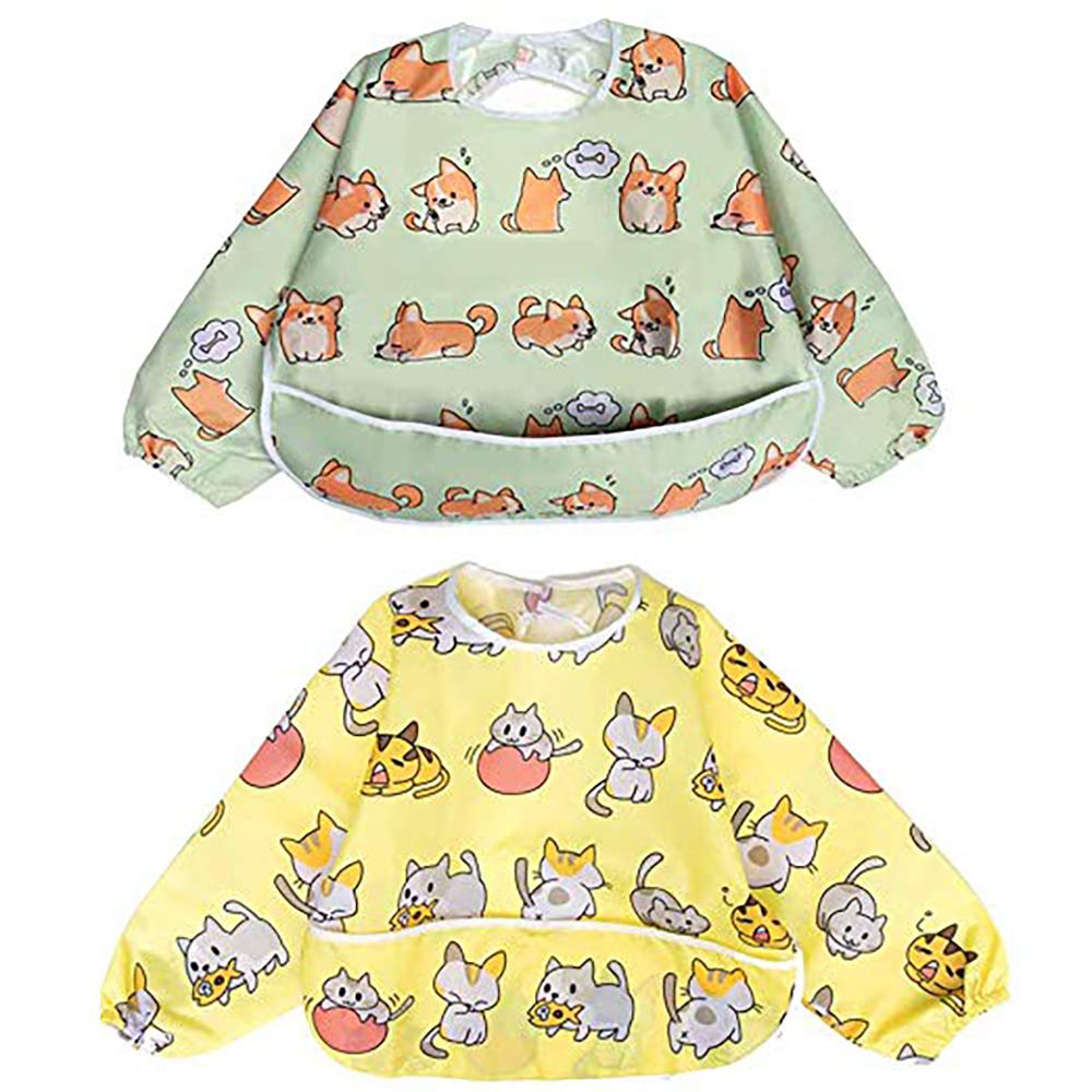 251230195223249_1 Little Dimsum Full Sleeved Feeding Bib 2 Pack,Baby & Toddler Waterproof Bib Apron,Food Protection Large Pocket Eating Smock 6-48 Months (Little Puppy/Little Cat) - Image 1